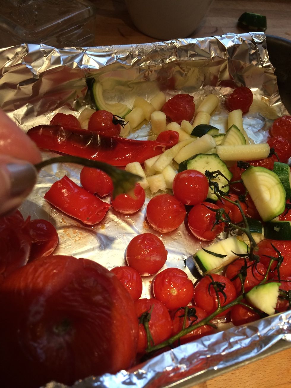After the tomatoes etc are roasted pick off the stalks before adding to the blender. You do not want to eat them! Use a small knife if you need to help, watch out for burnt fingers!