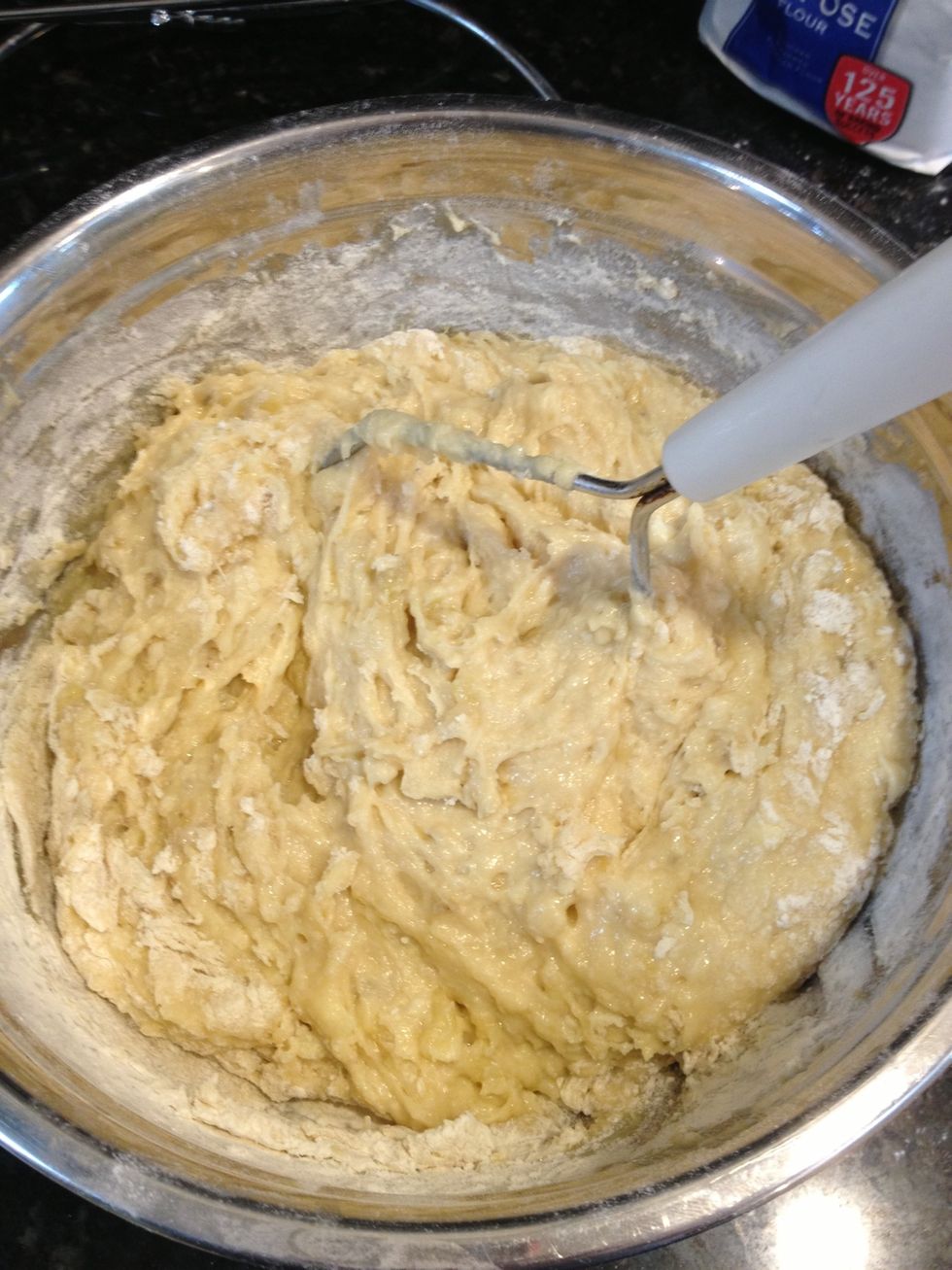 After the two mixtures have been made prepare the oven to 350.