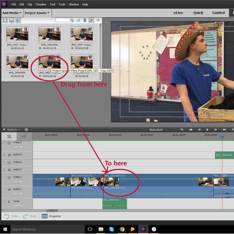 After the videos have been imported, drag them from the "Project Assets" tab to the timeline