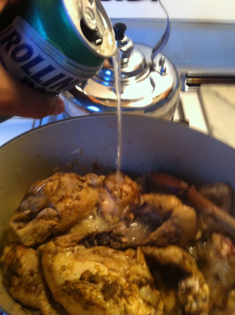 after they are browning nicely on both sides with the spices, pour in the beer to deglaze the pan. (the beer is not traditional. you could substitute with chicken stock or water)