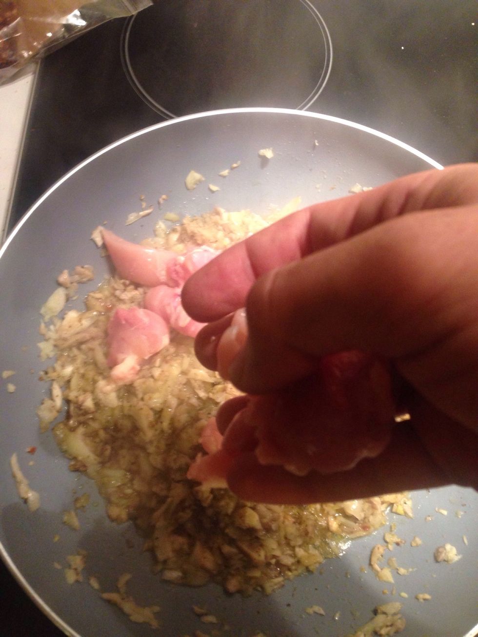 After they are translucent add choped chicken legs\ud83d\ude1c