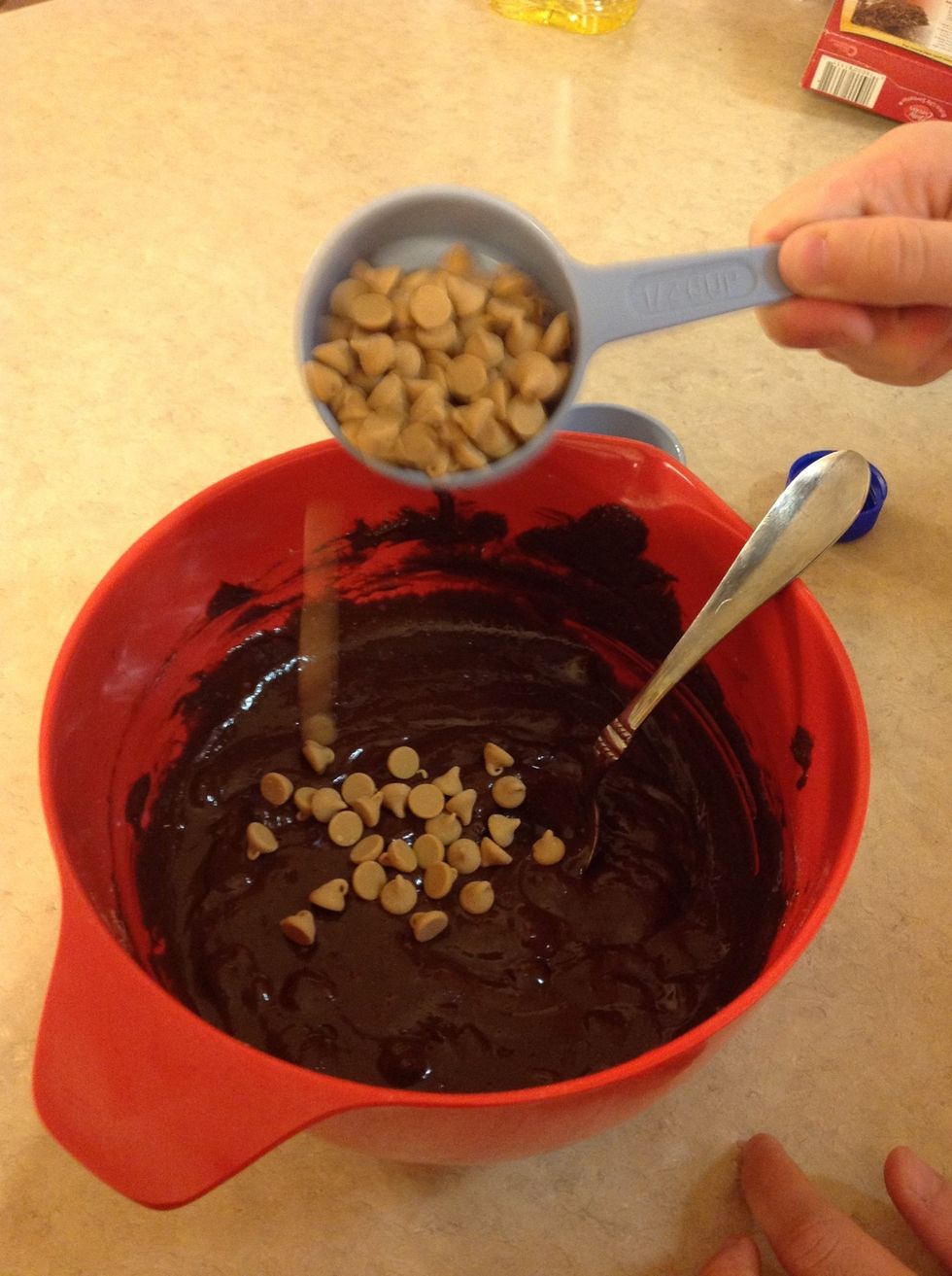 After those ingredients are mix well, add the 1/2 cup of peanut butter chips and mix until covered.