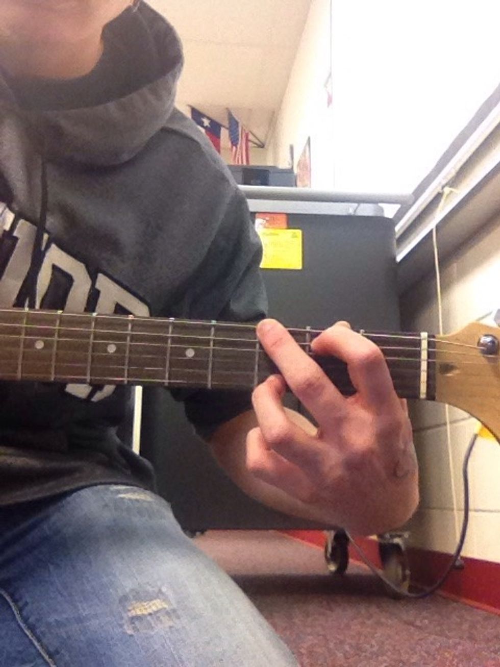 After those steps place your third finger/ring finger on the third fret of the high E string. Once completed strum the chord.