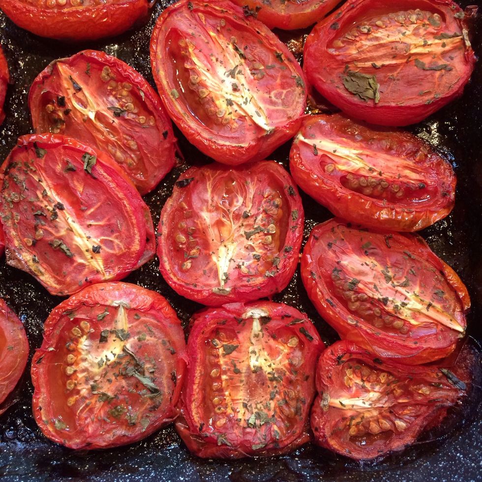 After two hours, the tomatoes are done! I like to put them through a food mill. This completely removes the tomato skins.