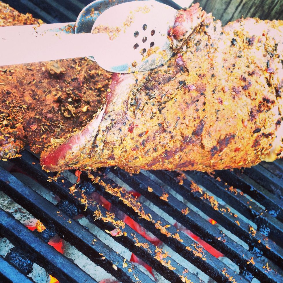 After two or three minutes turn the steak.