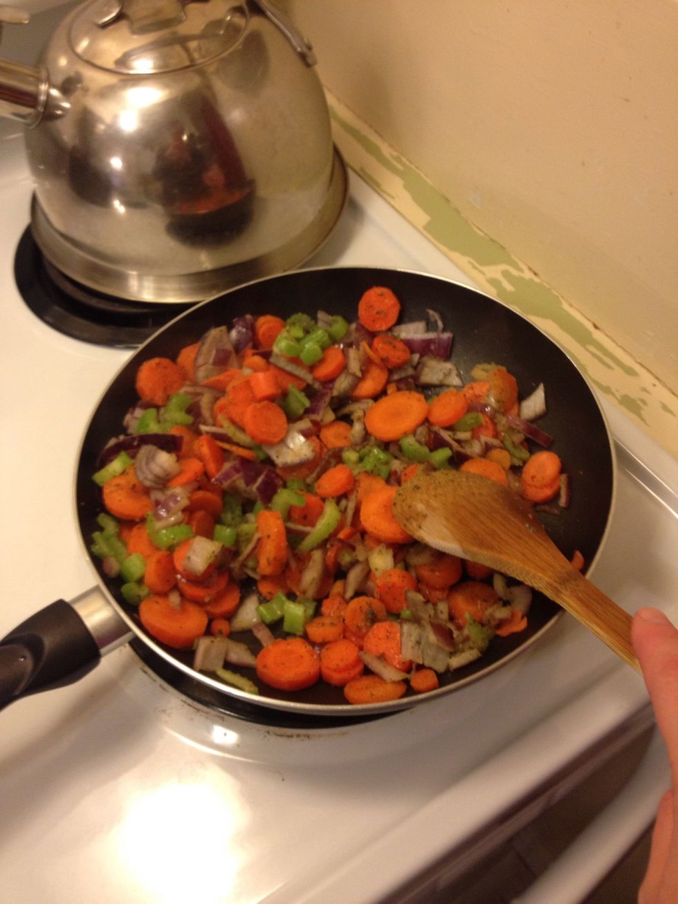 After veggies are soft add to broth