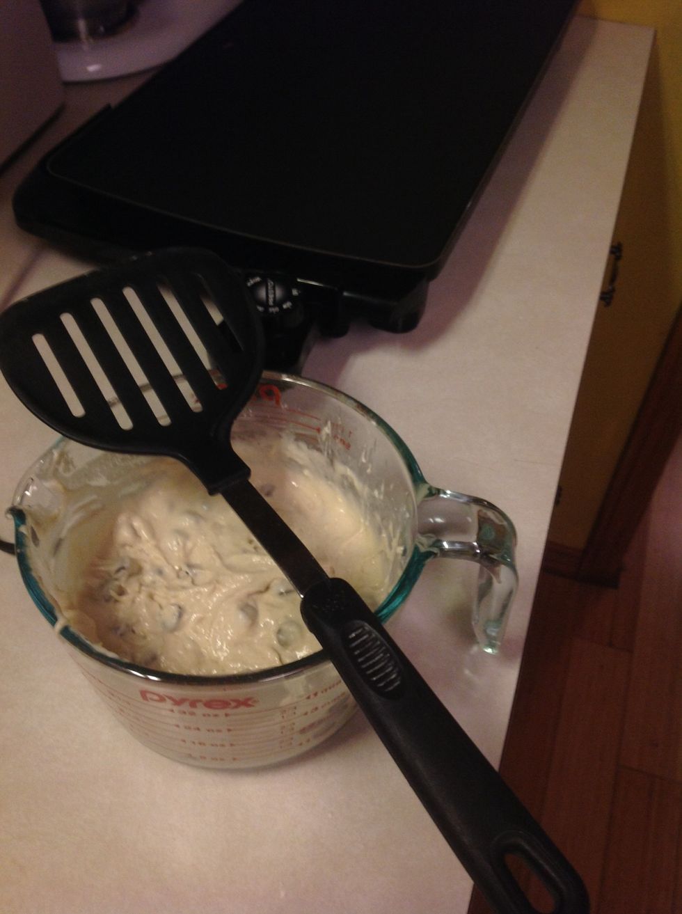 After waiting five minutes, get your spatula and batter ready.