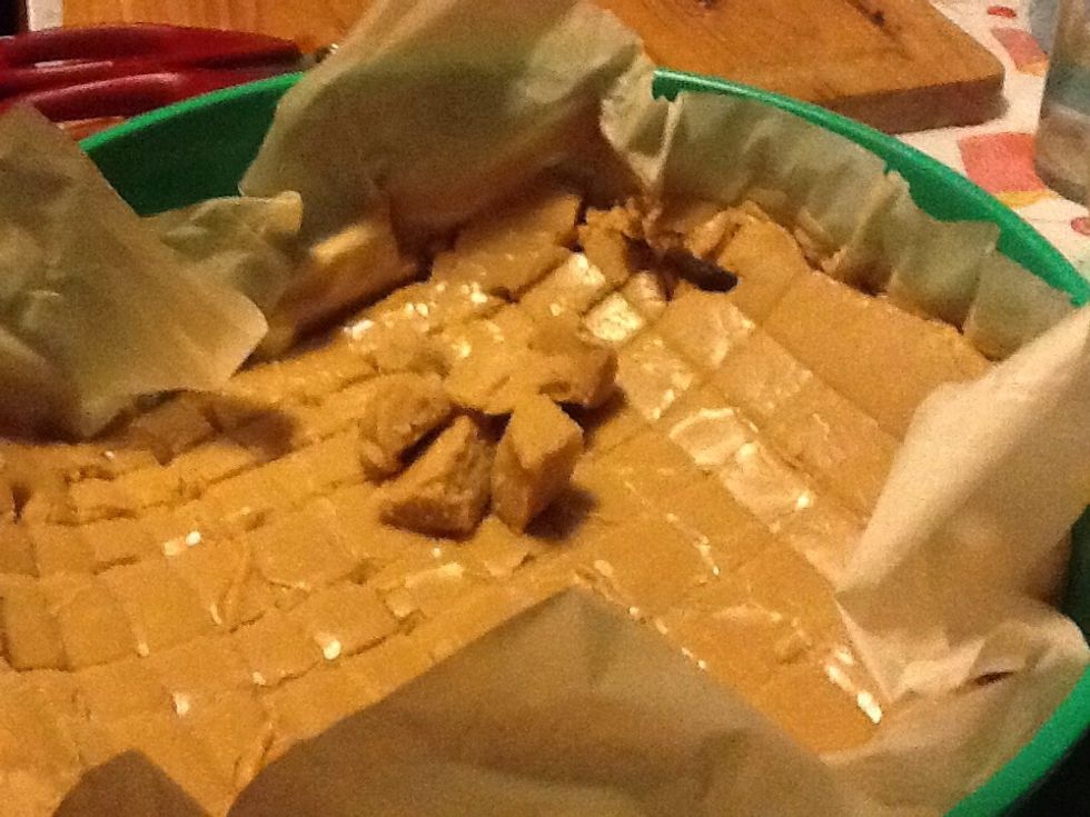 After waiting patiently your fudge is ready! Now slice or use a small cookie cutter. Makes a pretty decent size batch. Great to give as a gift....or to eat yourself ;)
