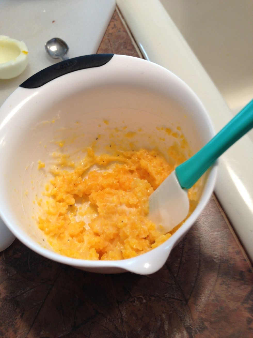 After well mixed, mixture and egg halves can be refrigerated until closer to serving time if its going to be a several hours.