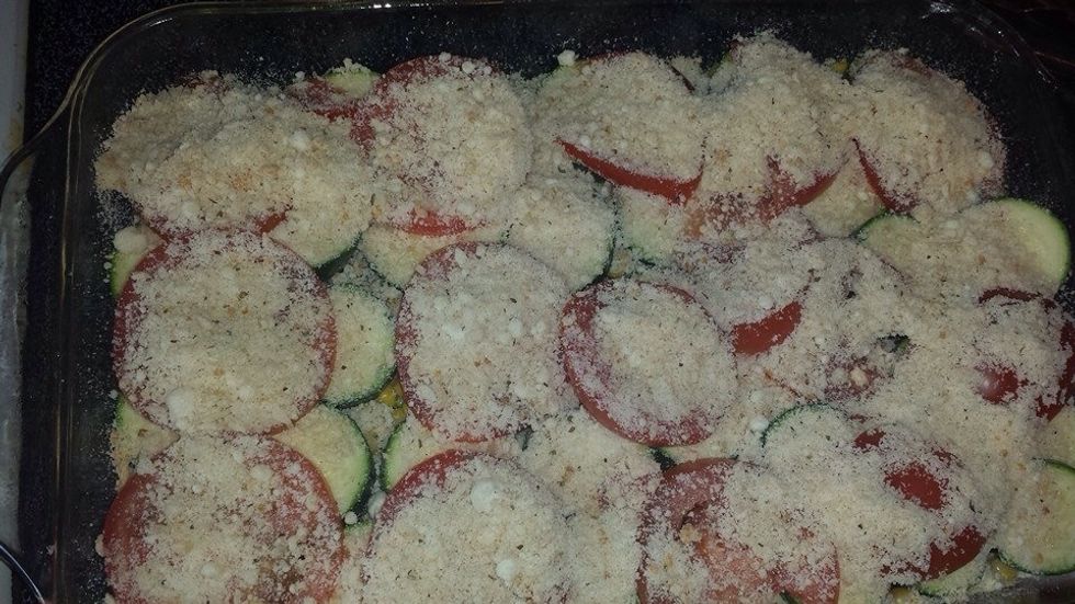 After you finish layering, sprinkle your breadcrumb and Parmesan cheese and bake at 400* for 30 minutes until brown, the cover with foil 10 more minutes to cook veggies.