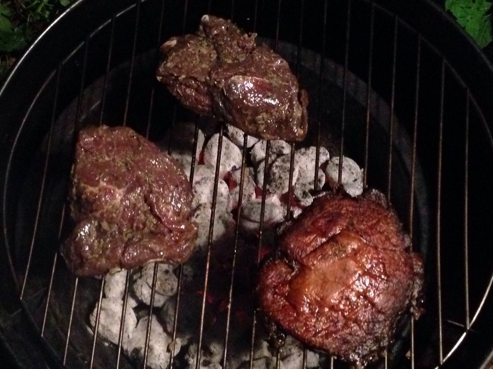 After you flipped over your portobello mushrooms .Start cooking your fillet mignon cook until mid rare or however you like it.