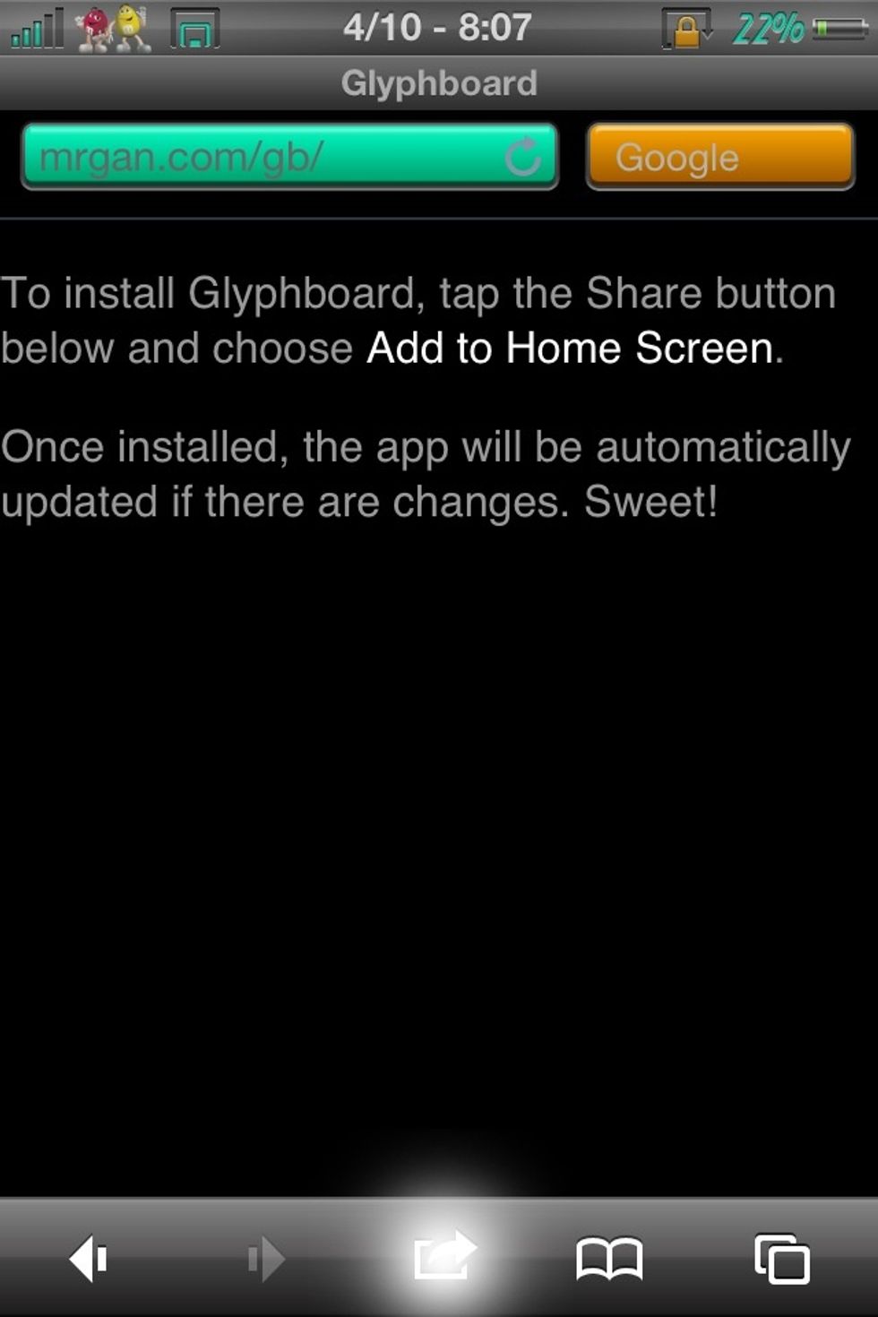 After you go to http://mrgan.com/gb/, you need to add it to your home screen. So tap on the box with the arrow pointing to the right to the bottom if the screen