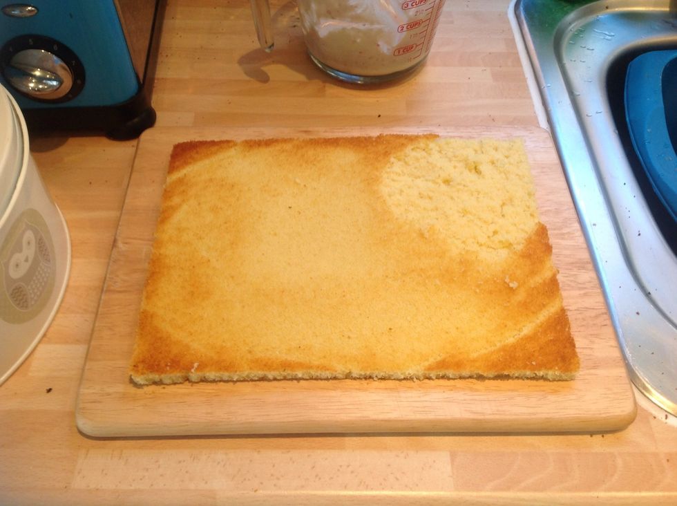After you have baked and cooled all your sponges (whack them in the fridge to speed this up), trim your first slab on the plate or board you'll be serving the cake on