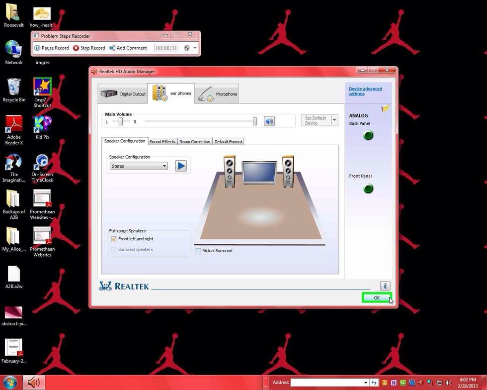 After you have checked all of these settings, you can test the sound by clicking on the blue play button. When you are finished, you can close this window by clicking ok.