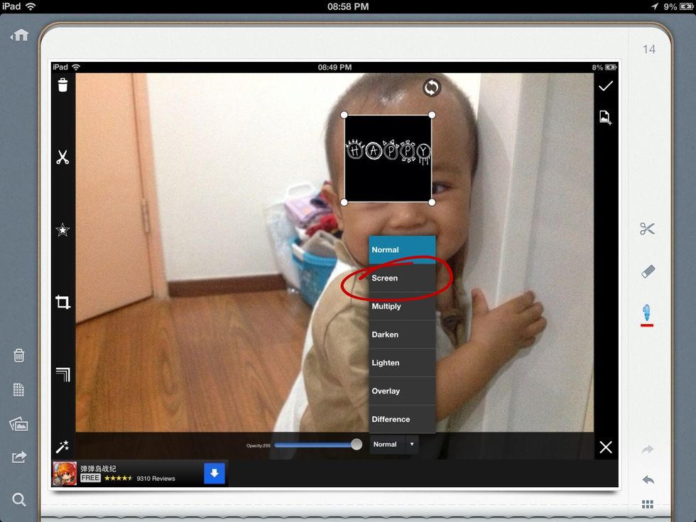 After you have cropped it, you have to get rid of the black background. At the bottom of the page, there should be an option that says Normal. Tap it and press, Screen.