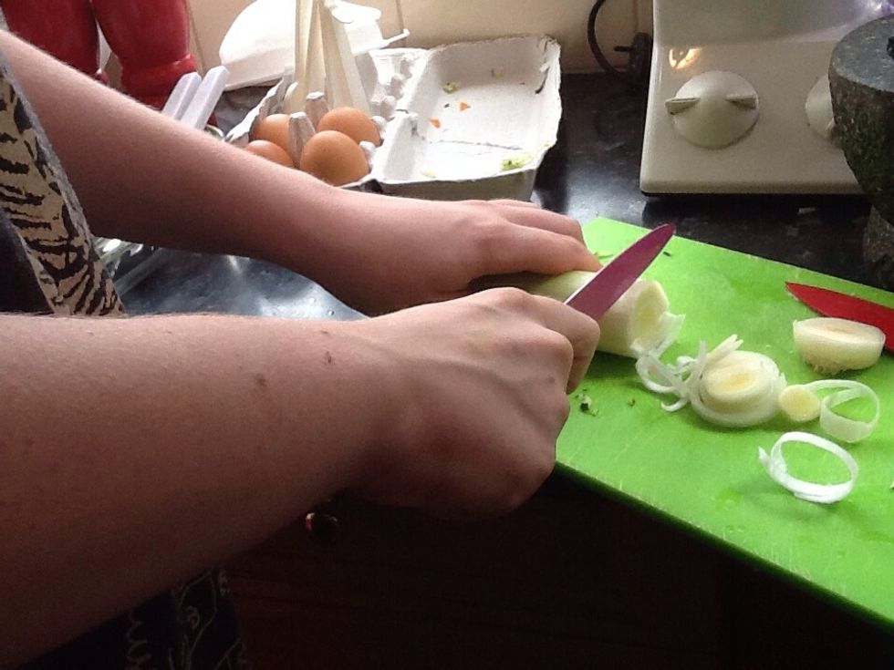 After you have washed both your leeks and both ends have been chopped off and disposed of you must cut the leeks into smaller rings as I have done here.