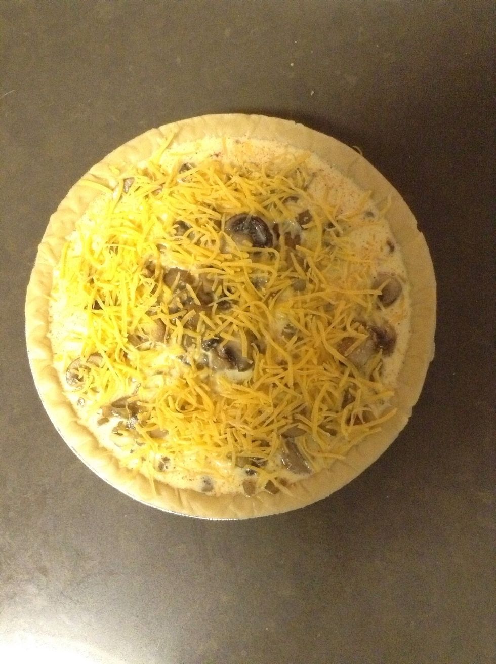 After you have whisked your three beaten eggs and milk mixture add a pinch of salt, cayanne peppe/ any herbs prefer in mix &pour! Add cheese if you please and bake In a 350 degree temp for 45 minutes