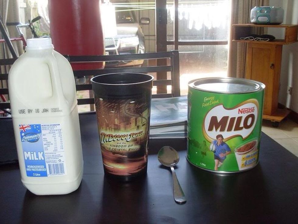 After you'll need to have the right ingredients. You will need milk, a cup, a teaspoon and a large amount of milo. As shown in the image