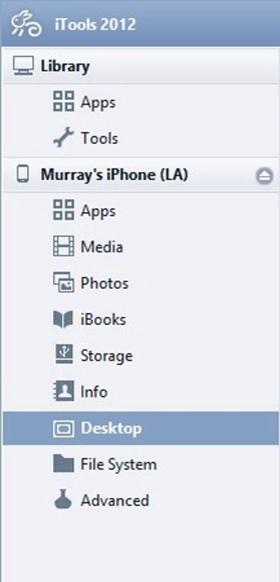 After you plugged in iPhone, on the left menu, click "desktop". iTunes must be installed on your computer for iTools. Otherwise, iTools will not work correctly. Click to the picture for full screen.