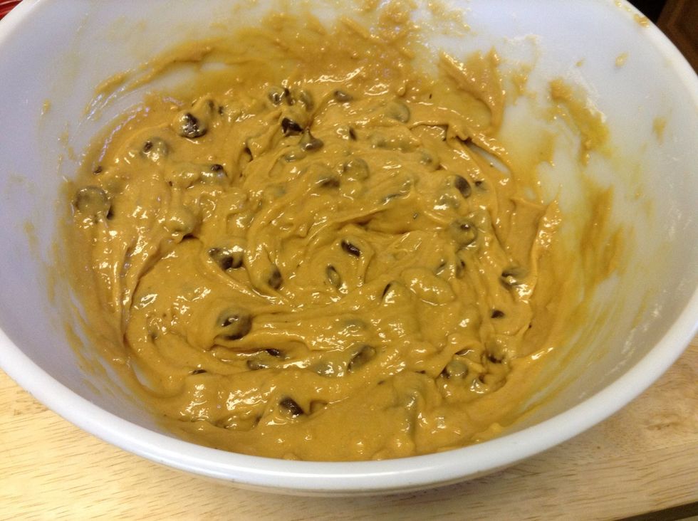 After you put all the ingredients into the bowl then you mix. When you mix it all together it should look like this.