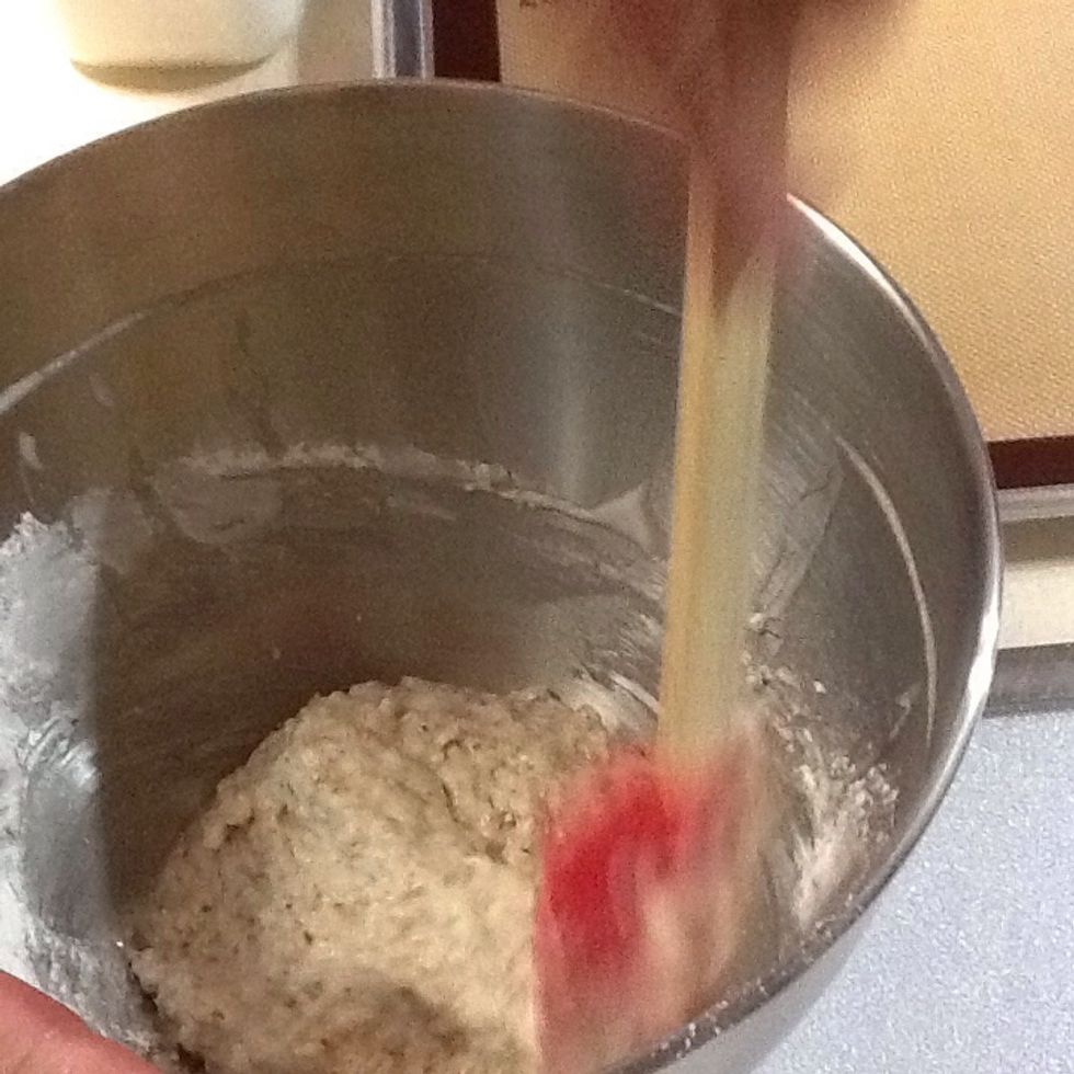 After you put them in the same bowl, fold the batter with a spatula for 60-65 times or until they all mixed.