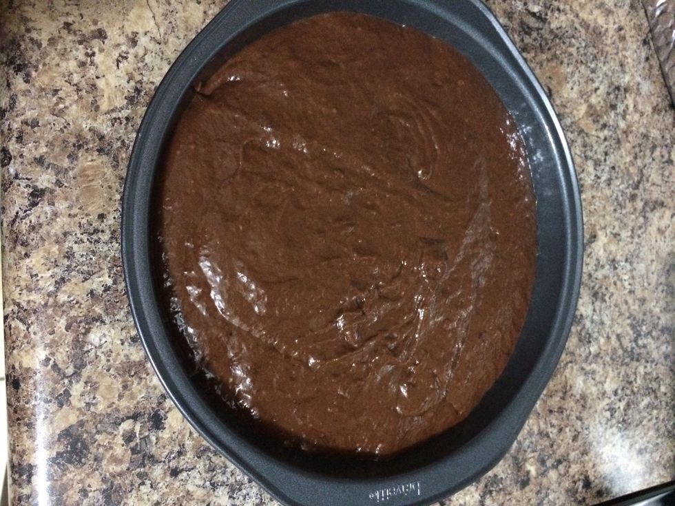 After you're done that but the batter in a pan for cake and put it in the oven for 40-50 minutes or if u insert a toothpick and it comes out clean the cake is ready