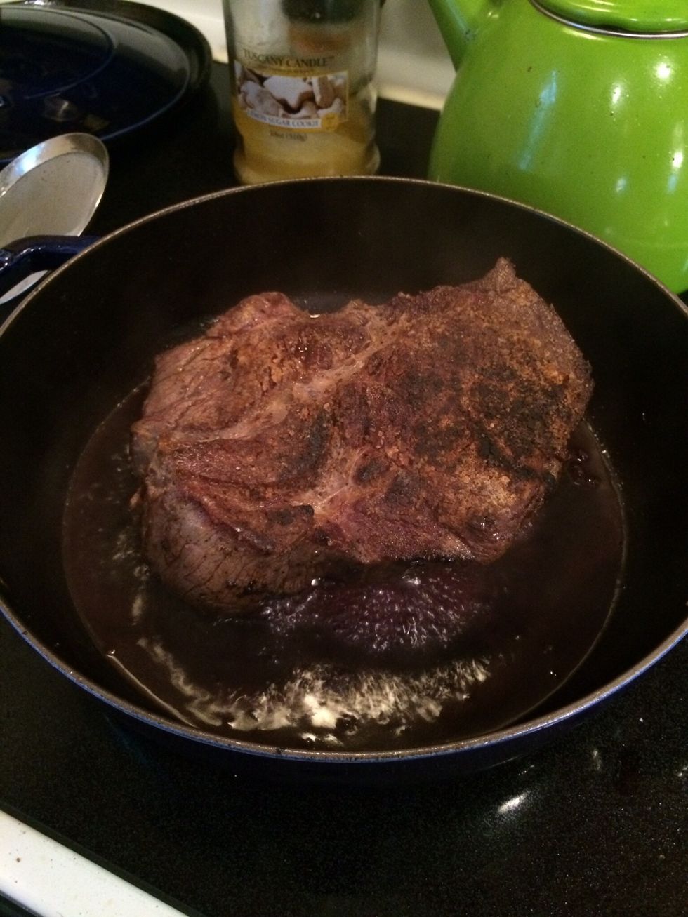 After you remove the carrots, add a little more oil and let heat up. Place the meat in the pan and sear it till nicely browned on all sides.