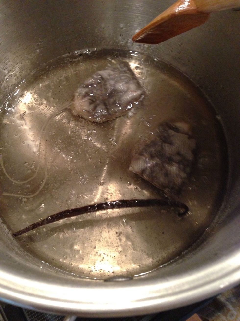 After you remove the sugar from the burner, toss in your vanilla bean and/or vanilla extract. Since, I doubled the recipe, I added a bean as well as some extract.