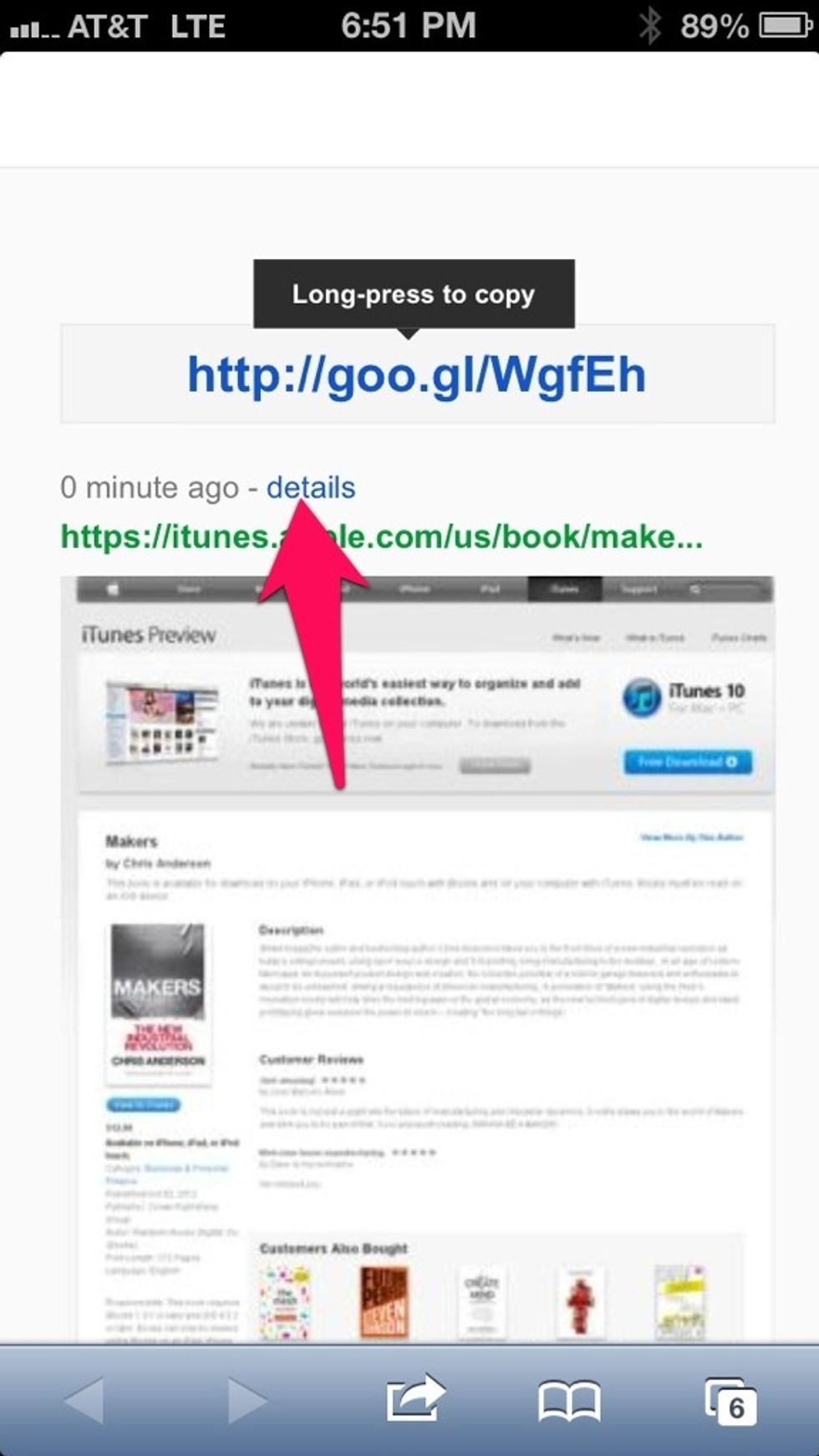After you shorten the link, on the right side of the screen, tap "details"