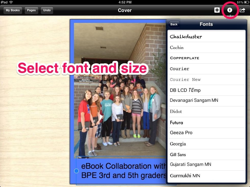 After you type in your text and place it where you would like it. Then you can change the font with it 'I' symbol