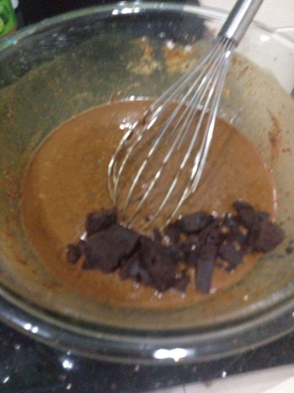 After you've added the remaining half coffee, add in your chocolate chunks and simply stir very slightly to mix the chocolate around. Don't overmix!