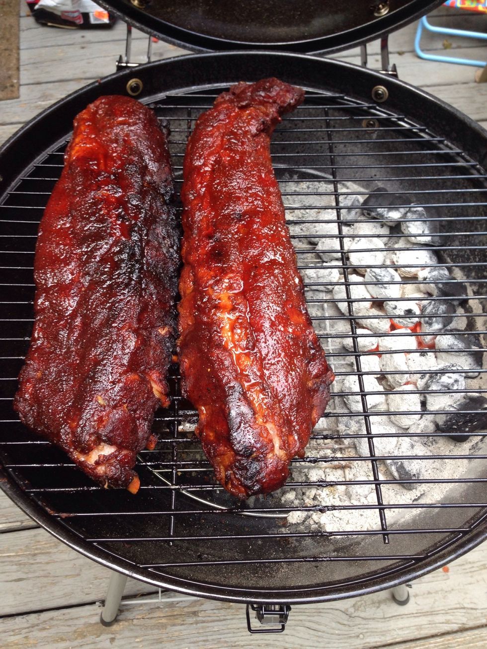 After you've applied BBQ sauce a few times, the ribs will begin to develop a nice, sticky exterior. And now, you're ready to take the ribs off the grill. Let sit for 20-30 min.