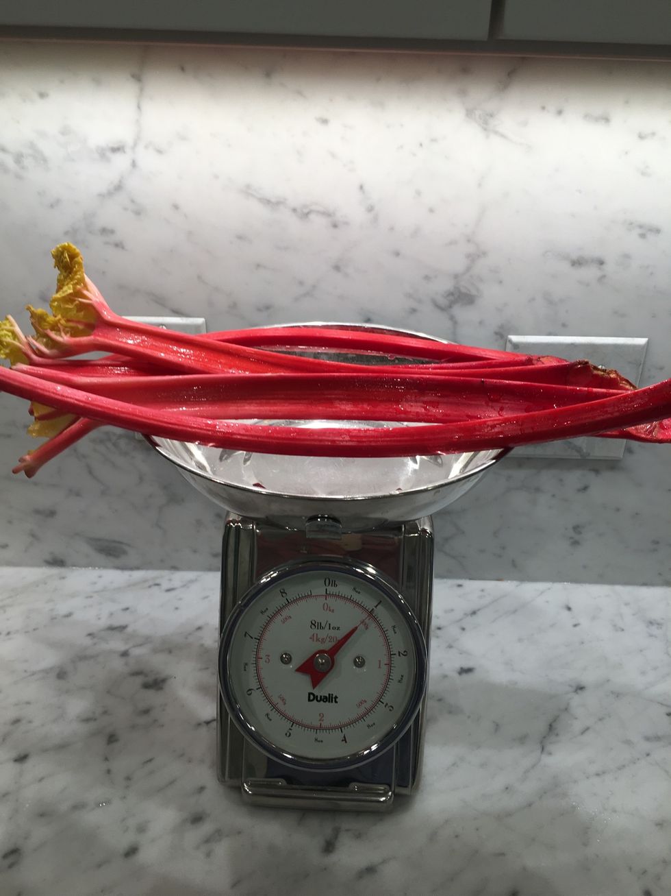 After you wash it, or before- assuming you didn't buy rhubarb caked in mud, weigh out 1 1/2 lbs. That will end up being 6 cups, more or less. I know, the scale says 1 lb. I forgot to take the photo.