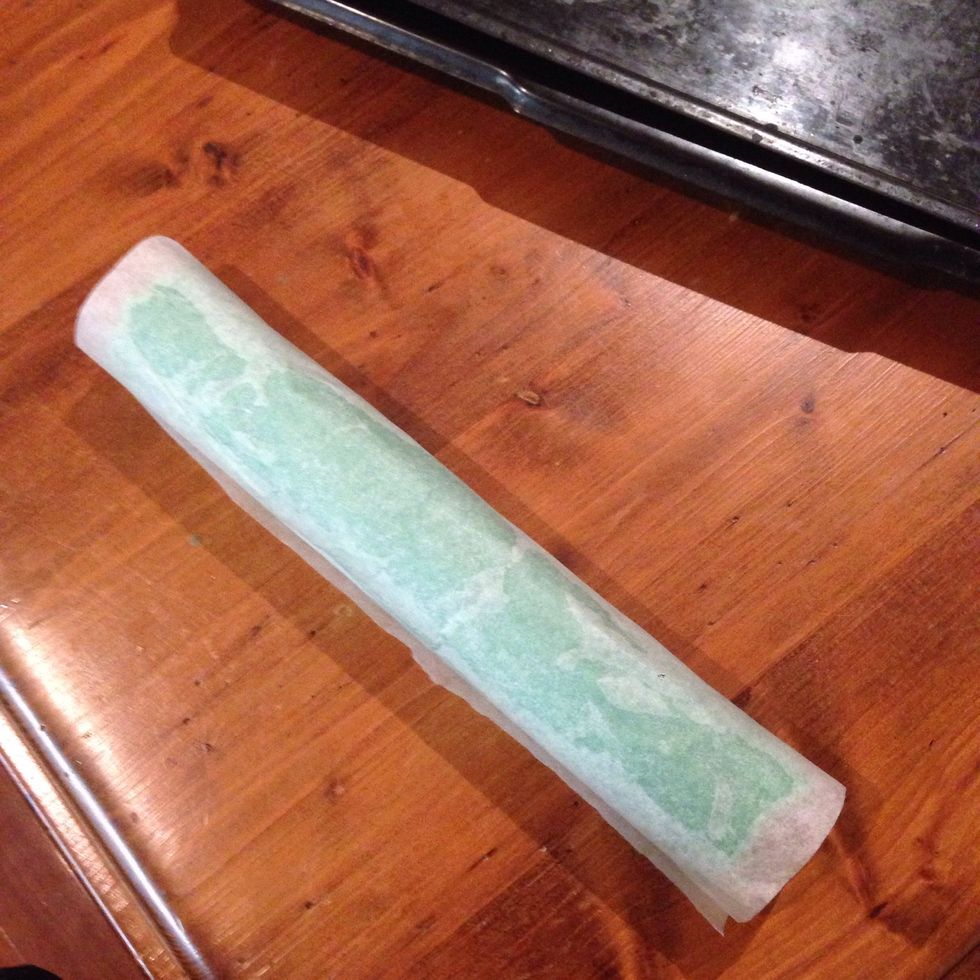 After your dough is done, slap the lot onto some grease proof paper and push into a round log shape, pushing the dough to eliminate any air bubbles. Tightly roll up the paper.