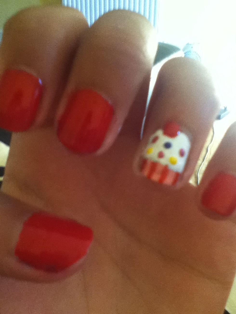 After your frosting is completely DRY, with your nail pens or your tooth pick add your sprinkle. You can choose any colours u want! But don't forget to add your cherry on top repeating the same method