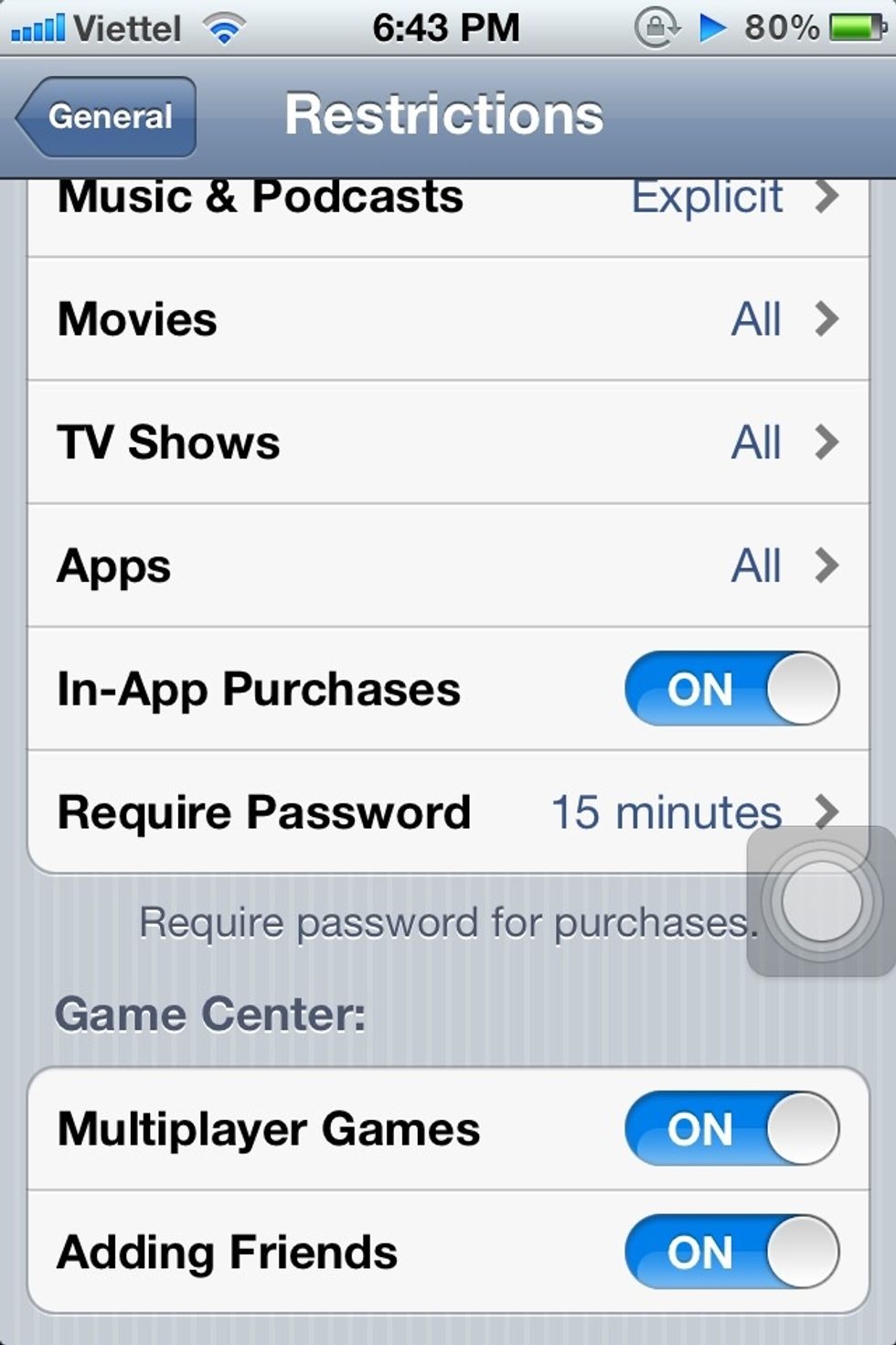 After your new passcode is set, scroll down to 'in-app purchase' and turn it off. The default option is 'on'.