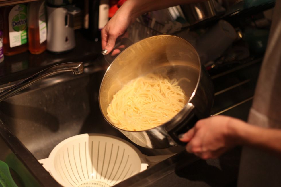 After your pasta is cooked place in a colander and let it rest.