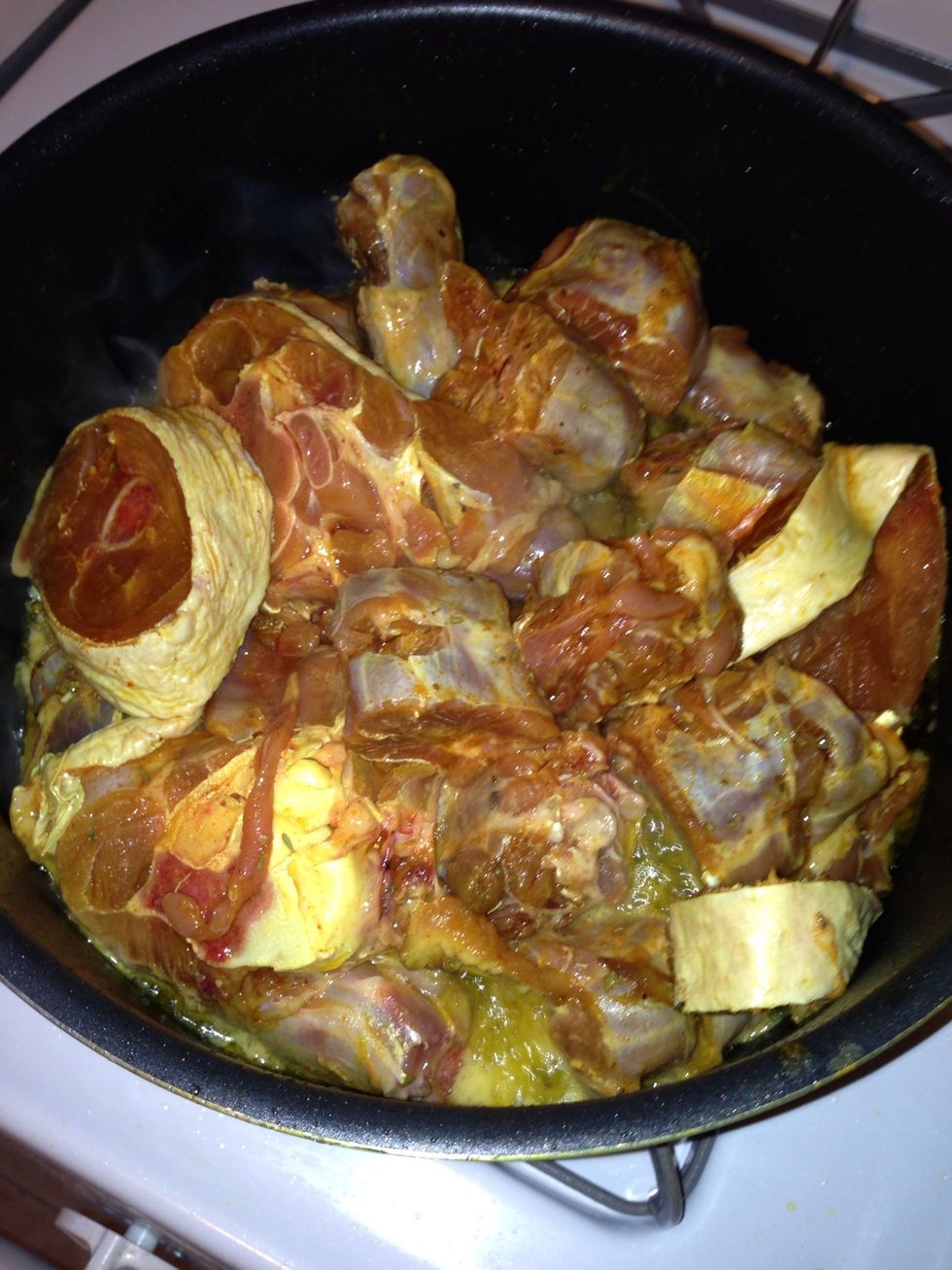 After your pot is nice and hot place all your turkey in at once until its nice and brown