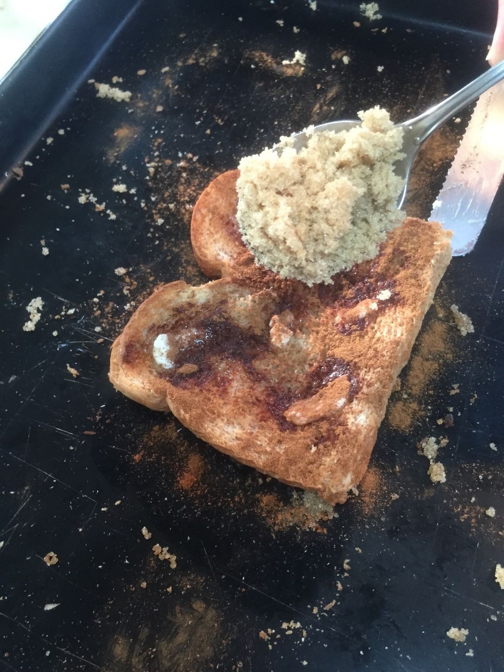 Again, ignoring exact measurements, I spoon a generous layer of brown sugar over the cinnamon!