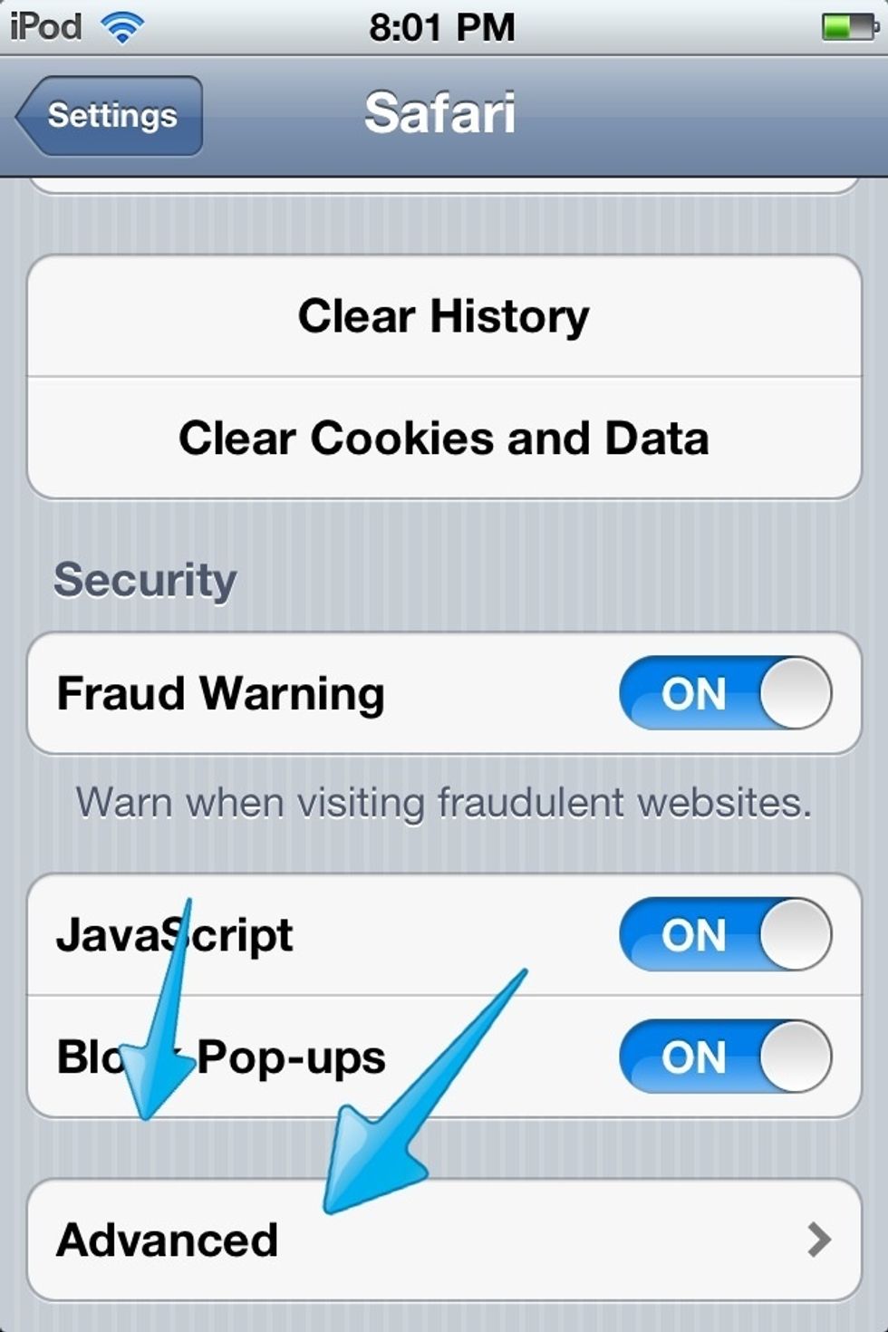 Again scroll down till you find Advanced (click on the image to view it fully).