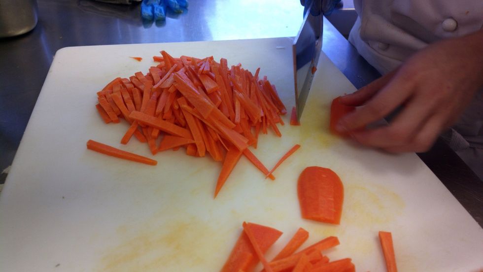 Again the thickness is up to you. I like my carrots, julienne. I wonder who came up with such terrible names for this slicing method. Why not Michel carrots or Helen carrots. Answers anyone?