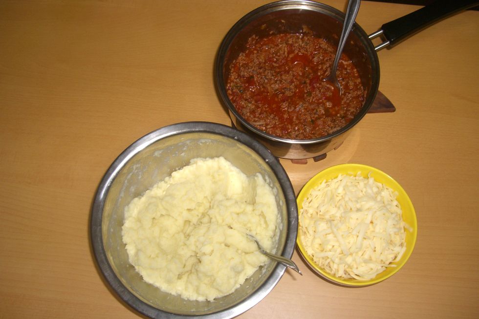 Agora voce ja tem o molho, o pure de batatas e queijo mussarela. Prepare uma forma que possa ir ao forno e vamos a montagem.