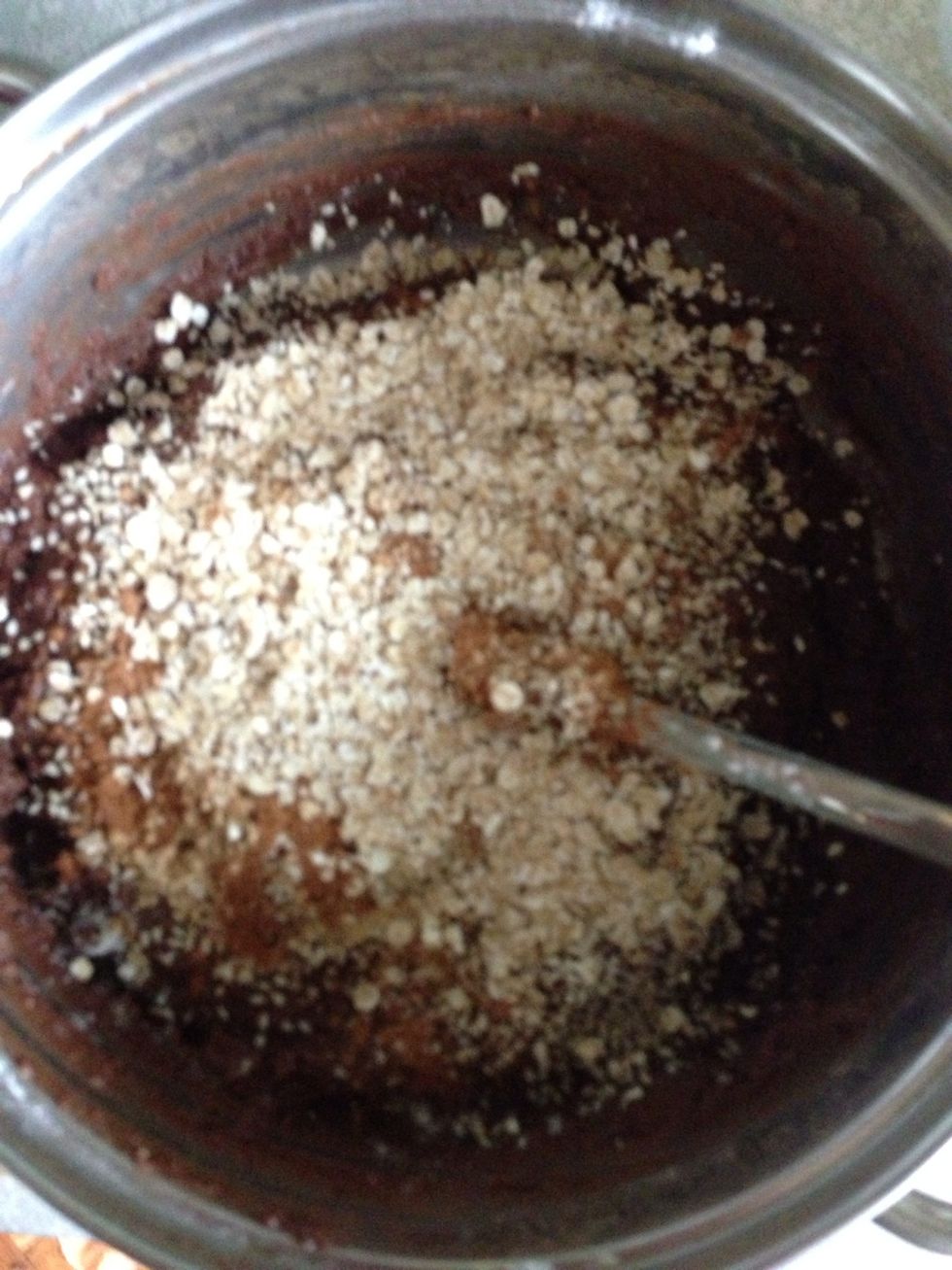 Ah! I forgot cocoa! So first I've added 4 tbs of unsweetened cocoa powder (or grinded cocoa beans) and after - flour and oat flakes, but I'm not sure if the sequence makes a difference
