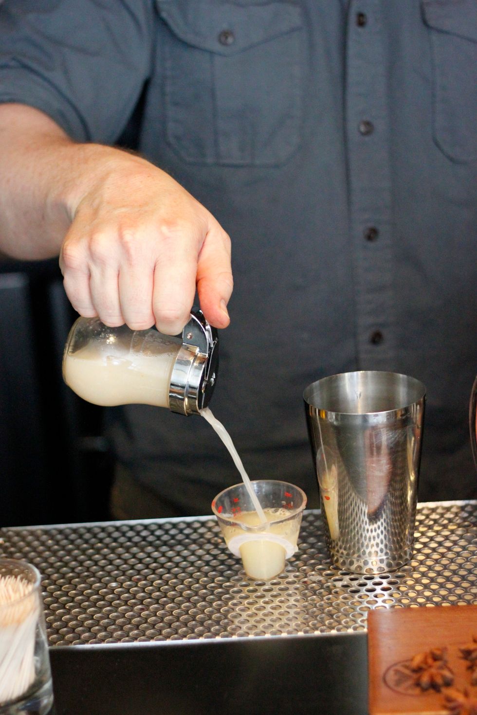 Ahead of time: make Asian pear pur\u00e9e. Poach peeled, cored Asian pears and star anise in white wine. When it thickens, take off the heat and pur\u00e9e. Chill, then use 1 oz. in this cocktail.