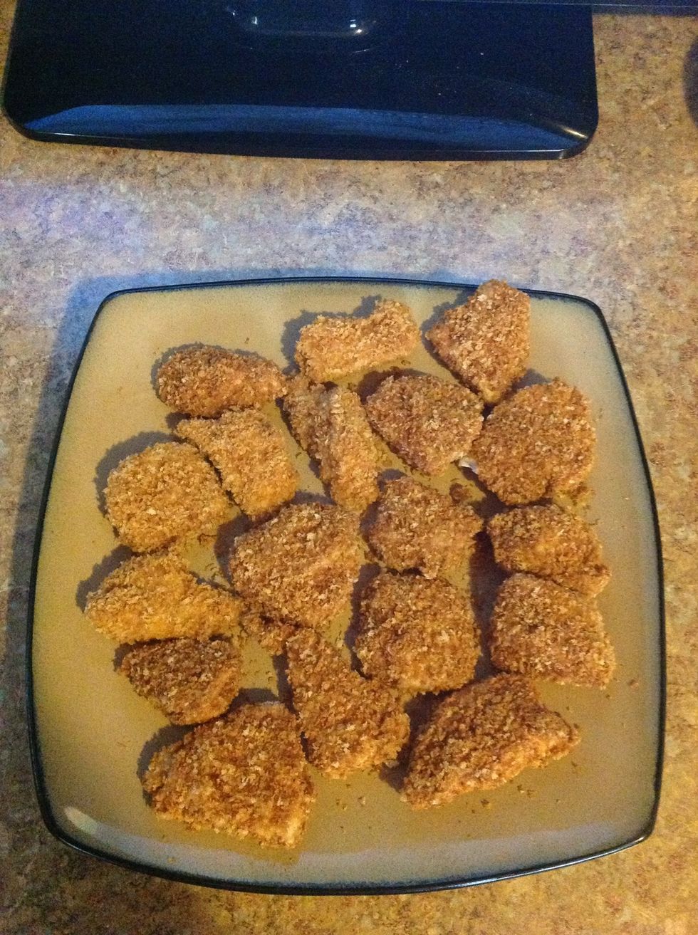 All done! Here's a healthy alternative to one of America's favorite food "Chicken Nuggets" without the frying, processed meat and half the calories. Enjoy :-)