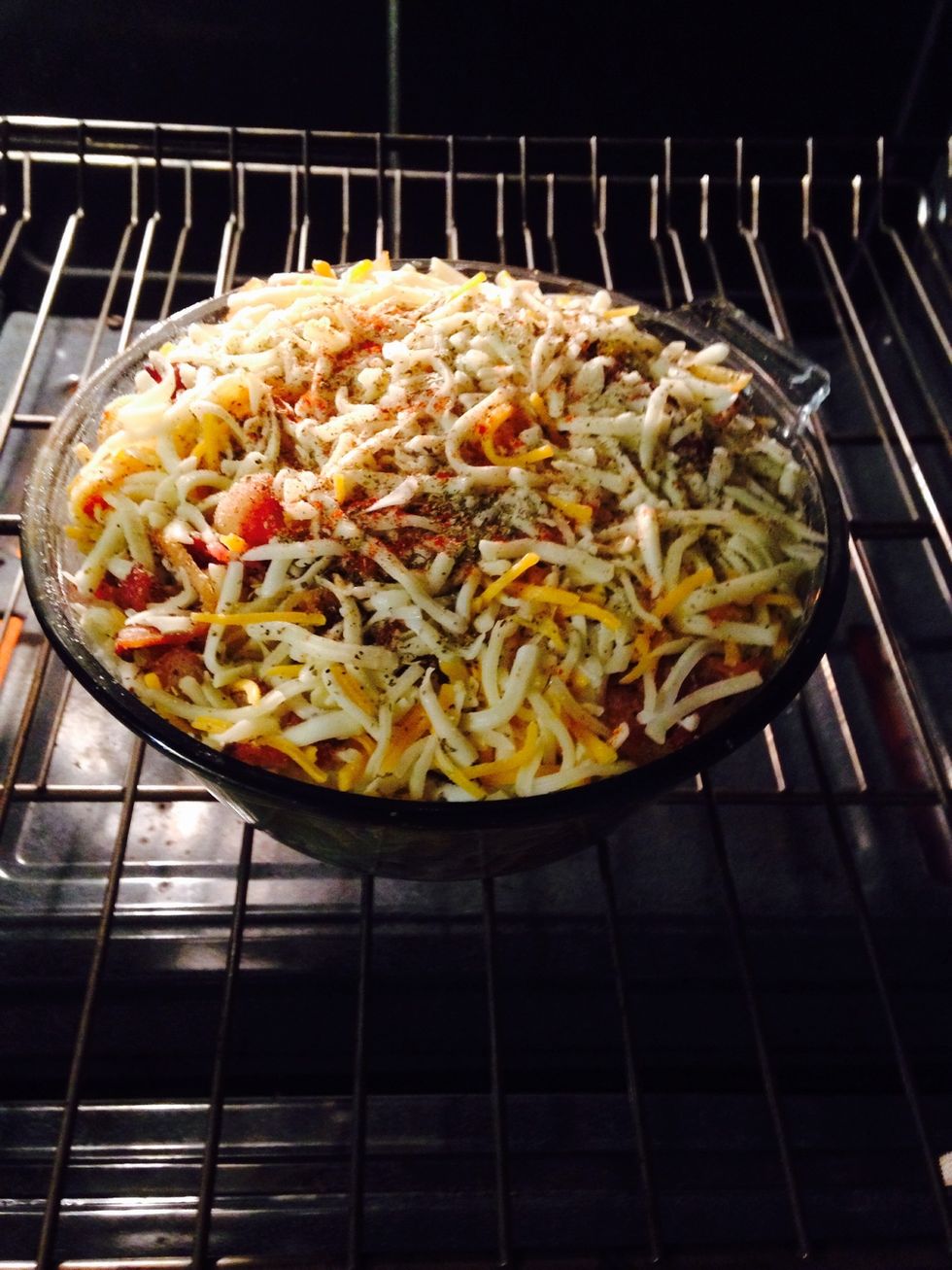 All ingredients have been layered and mixed evenly