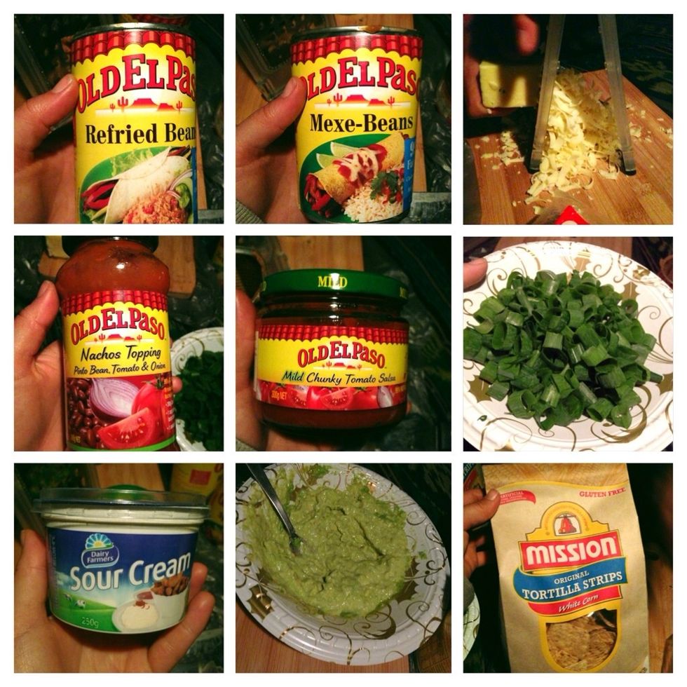 All ingredients :) You will also need: -gas cooker or stove top, fry pan, wooden spoon, fork and bowl (for guacamole), grater, spoon.