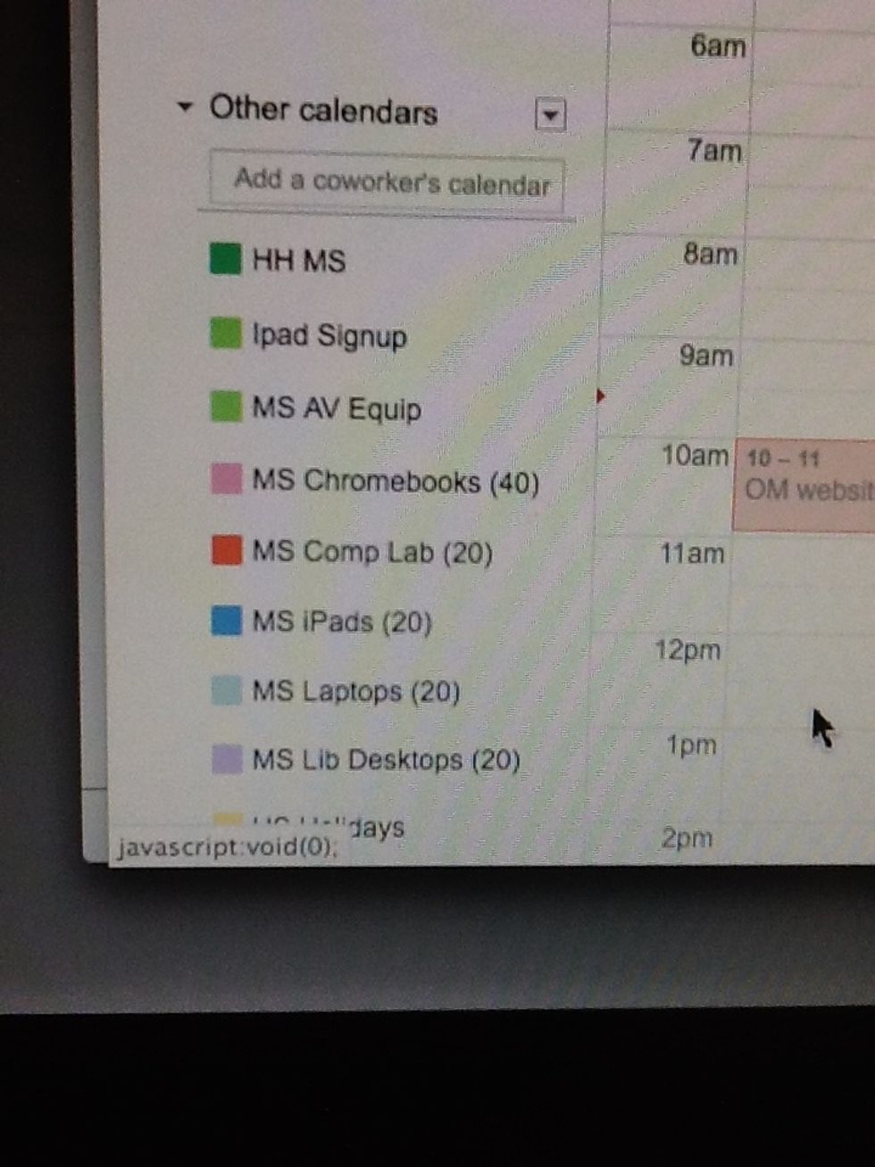 All of the resources can be viewed on your calendar by clicking on the resource on the left side of your calendar. IT IS VERY IMPORTANT THAT YOU CHECK THIS CALENDAR BEFORE MAKING A RESERVATION!!