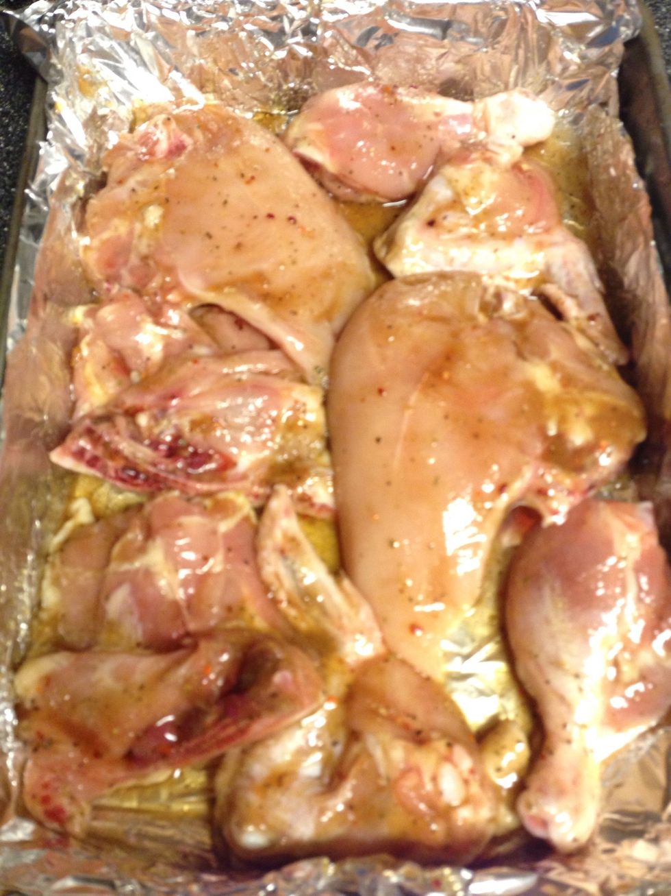 All pieces coated and placed in a foil lined baking dish. The sugar mix started to melt a little. Bake for one hour. Half way through cooking I flipped & basted each piece with the drippings.