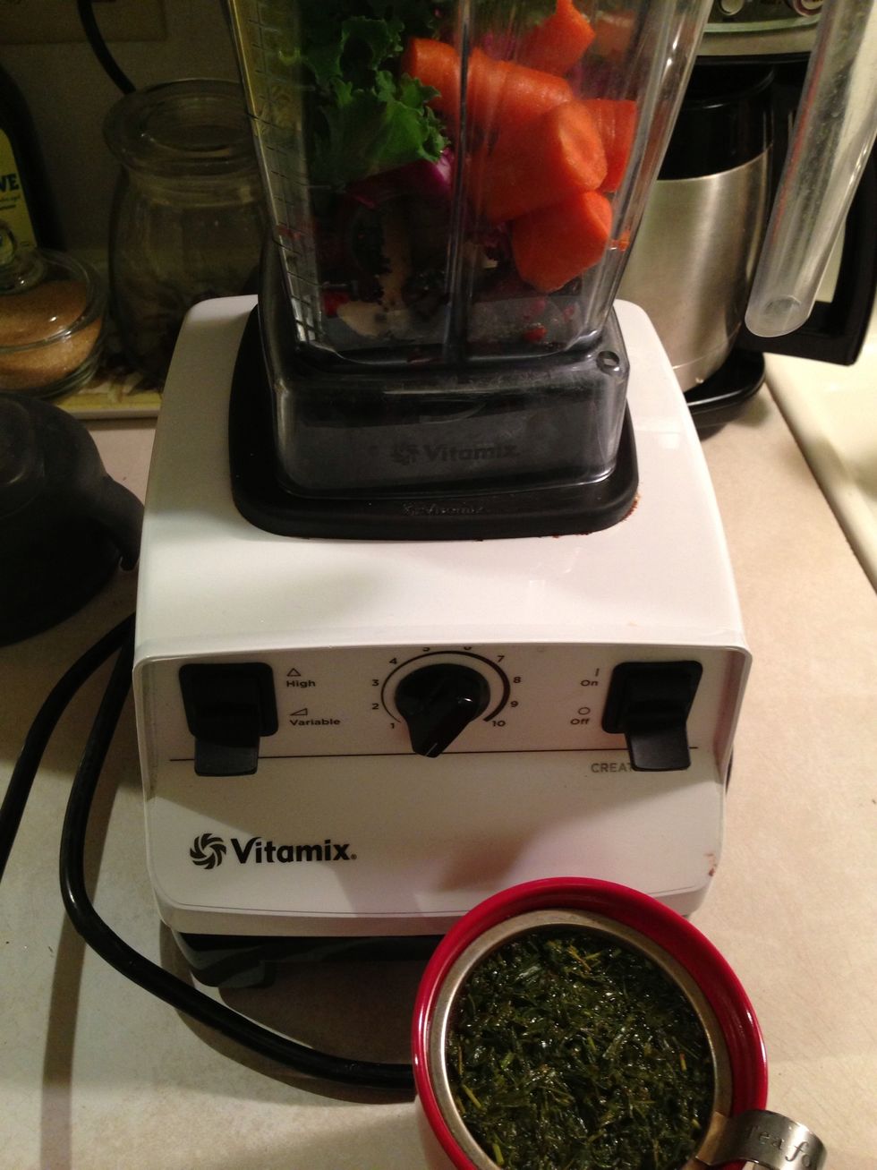 All placed in Vitamix (pulverized everything to liquid). My Japanese Green Tea is steeping for 10 minutes. It's my chaser to the smoothie.